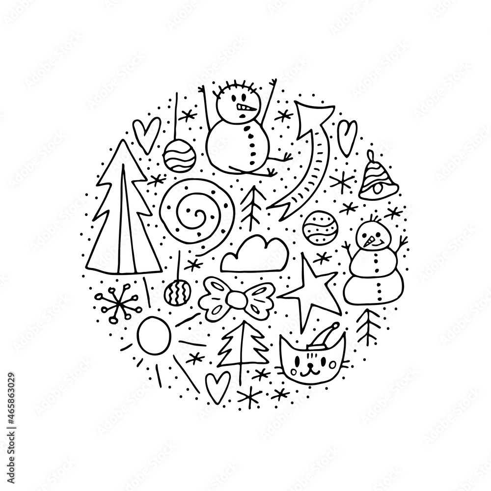 A set of doodle elements. Winter 2022. Circle of a hand-drawn winter objects on a white background. A set of doodle elements. Winter 2022. Circle of a hand-drawn winter objects on a white background.