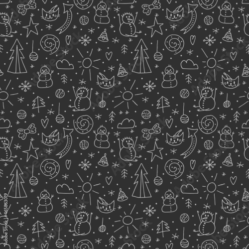 A set of doodle elements. Winter 2022. Hand-drawn winter objects on a chalkboard background.