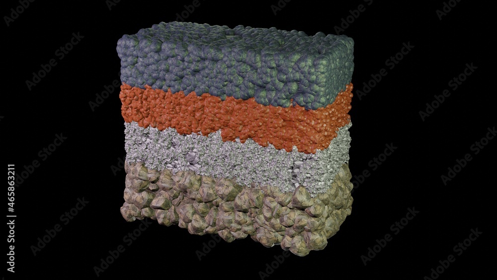 Sedimentation of heavy , light rock particles. Different rocks forming