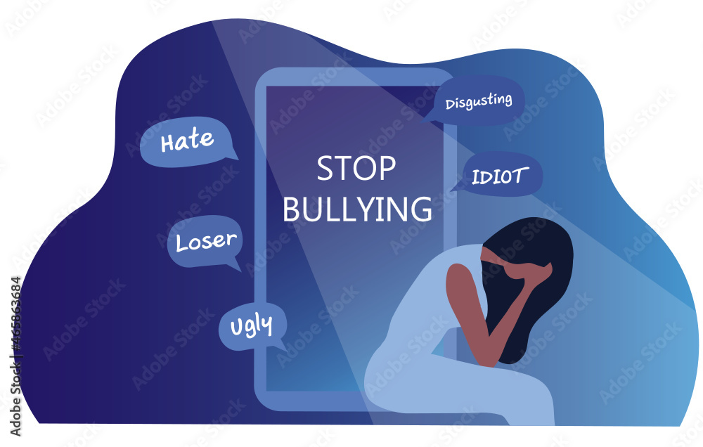Vetor de Stop bullying and cyber bullying concept, depressed woman ...