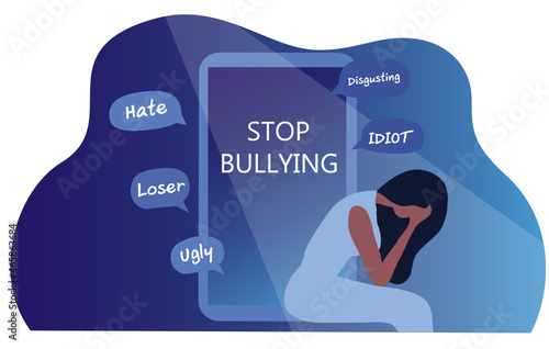 Stop bullying and cyber bullying concept, depressed woman suffering with negative criticism, and online hate speech vector illustration
