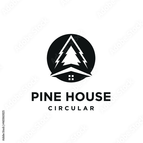 Fir Pine Tree with Vector Concept of Home Logo Design, Circle Icon Style 