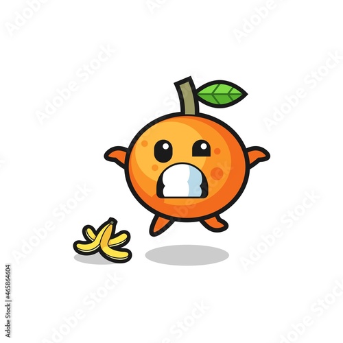mandarin orange cartoon is slip on a banana peel