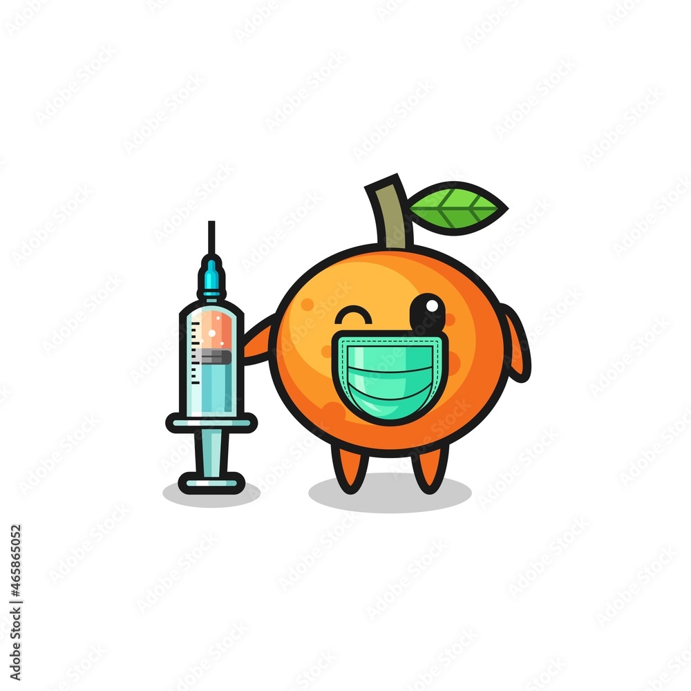 Obraz premium mandarin orange mascot as vaccinator