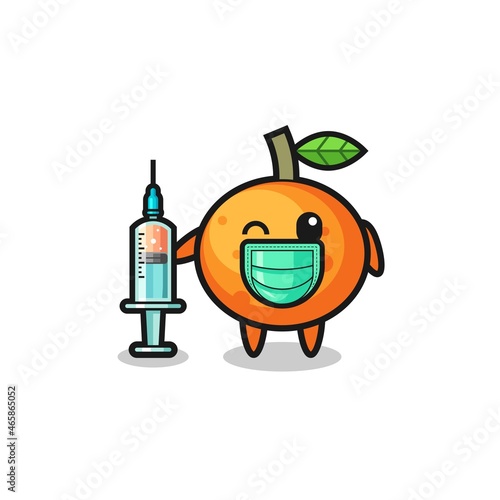 mandarin orange mascot as vaccinator