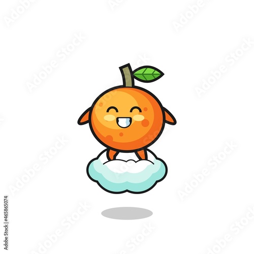 cute mandarin orange illustration riding a floating cloud