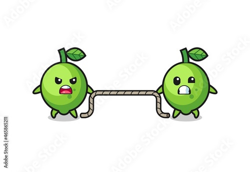 cute lime character is playing tug of war game