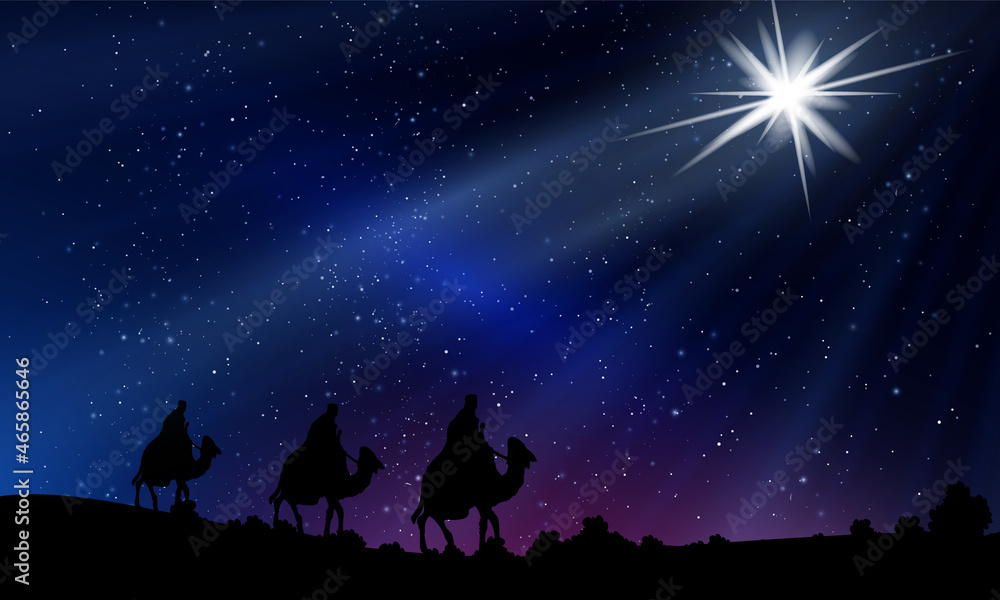 Wise men in christmas on the background of the night pink sky, art video illustration.