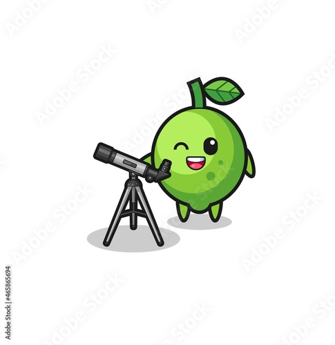 lime astronomer mascot with a modern telescope