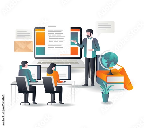 Studying in class with laptop in flat design