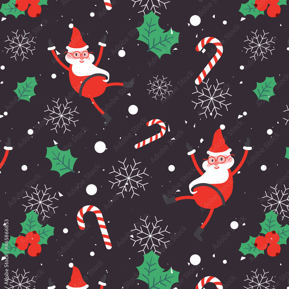 Christmas colored seamless pattern with funny santa claus. Hand drawn vector illustration in cartoon style on black background