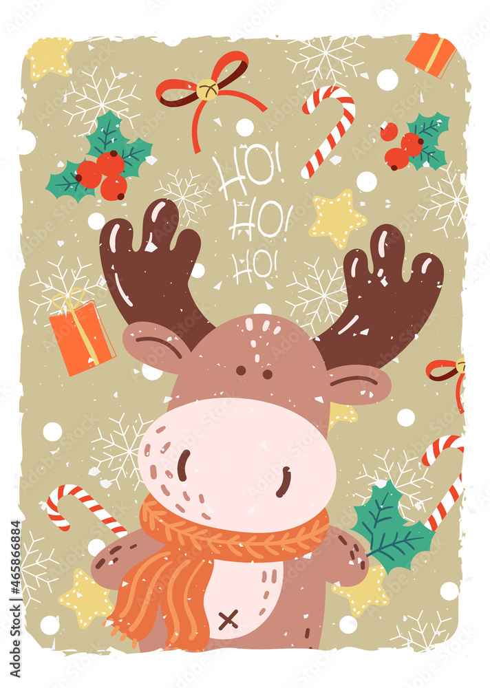 Christmas greeting card with cute deer. Funny colored card in cartoon style. Hand draw vector illustration Christmas greeting card with cute deer. Funny colored card in cartoon style. Hand draw vector illustration