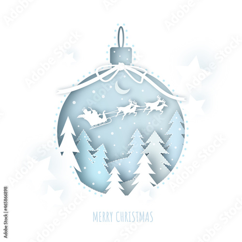 Merry christmas card santa sleigh with reindeer flying in the sky over a snowy forest. Greeting postcard in paper cut craft style. Vector hand drawn illustration