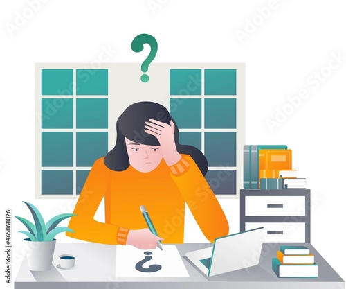 Isometric illustration concept, a woman is dizzy with school lessons