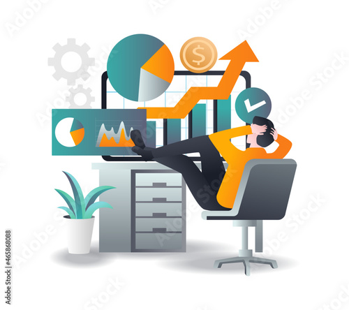 Investor relaxing in front of trading analysis computer