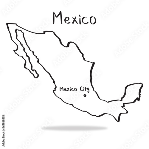 Hand drawn country map Mexico with capital Mexico City