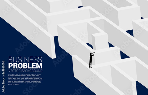 Silhouette of businessman look in telescope enter to maze to red flag. business concept for finding solution and reach goal