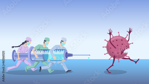 The fight of the vaccine against the virus. Flat illustration.