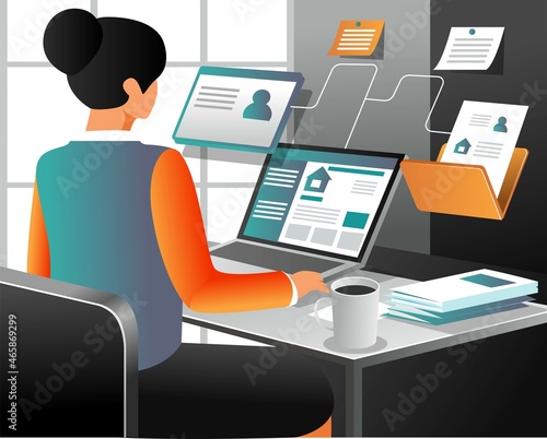 Girl working in office Sending files and selecting documents