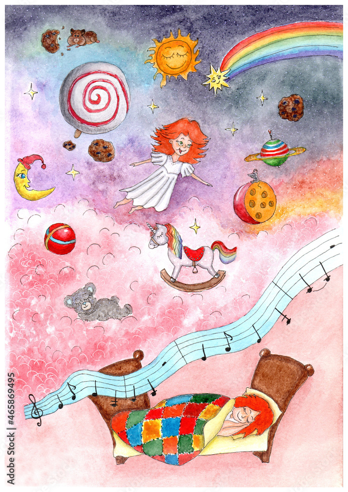 Watercolor kids illustration, lullaby, sleeping little girl.