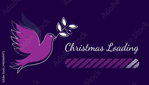 Christmas Dove and Merry Christmas is loading Winter holidays greeting card design Loading bar Blue background Progress bar Navy blue background and purple shapes Pigeone in festive colors