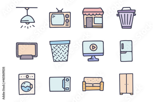 Household color vector doodle simple icon set