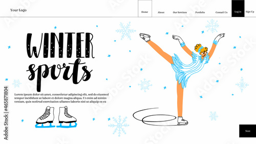 Vector flat illustration layout, landing page template, home page of sports, winter clothing store with buttons. There is lettering, buttons, figure skater on ice, she stands on one leg in an arc pose