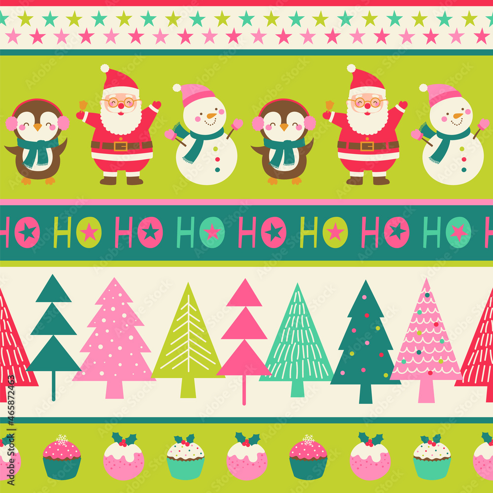 Cute cartoon character and christmas elements seamless pattern with striped background.