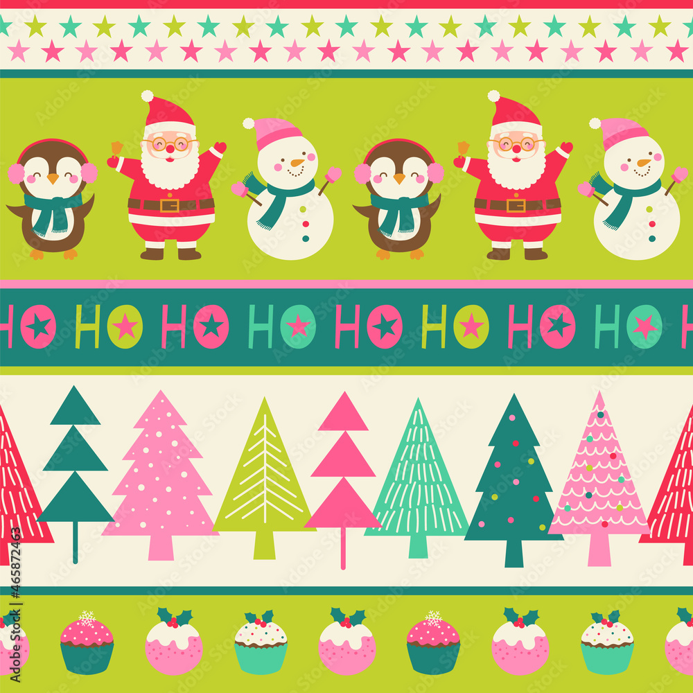 Fototapeta premium Cute cartoon character and christmas elements seamless pattern with striped background.