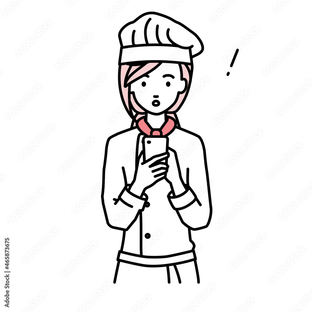 立ってスマートフォンを操作して何かに気づいて驚いた調理師の女性