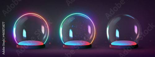 Christmas set glowing glass winter snow balls in neon light. Realistic 3d design magical sphere transparent. Holiday decoration objects. Template podium studio. Xmas background. Vector illustration
