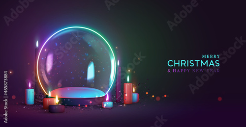 Christmas snow glass winter ball. Template round podium studio space for objects design. Realistic 3d elements, Xmas candle, bokeh lights. Neon shade. Festive banner, web poster, Vector illustration