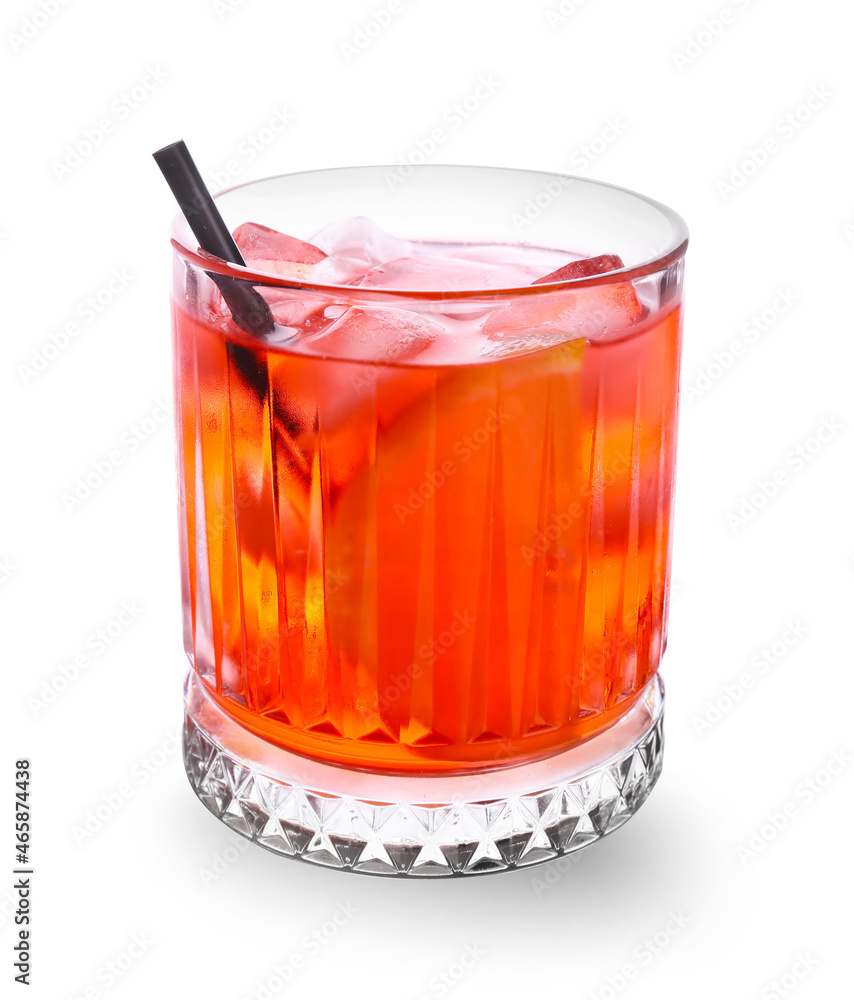 Glass of negroni cocktail with straw on white background Glass of negroni cocktail with straw on white background