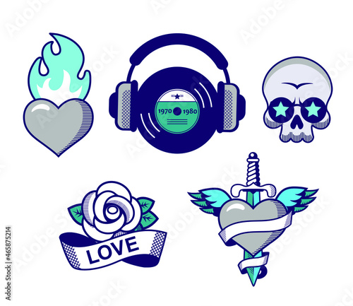 set of various tattoo old style rock music and love stickers. engrave vintage design of hearts with wings, key, sword, fire, skull for sticker, print, t-shirt, label, poster