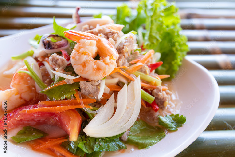 Spicy glass noodles with seafood salad, Thai food Spicy glass noodles with seafood salad, Thai food