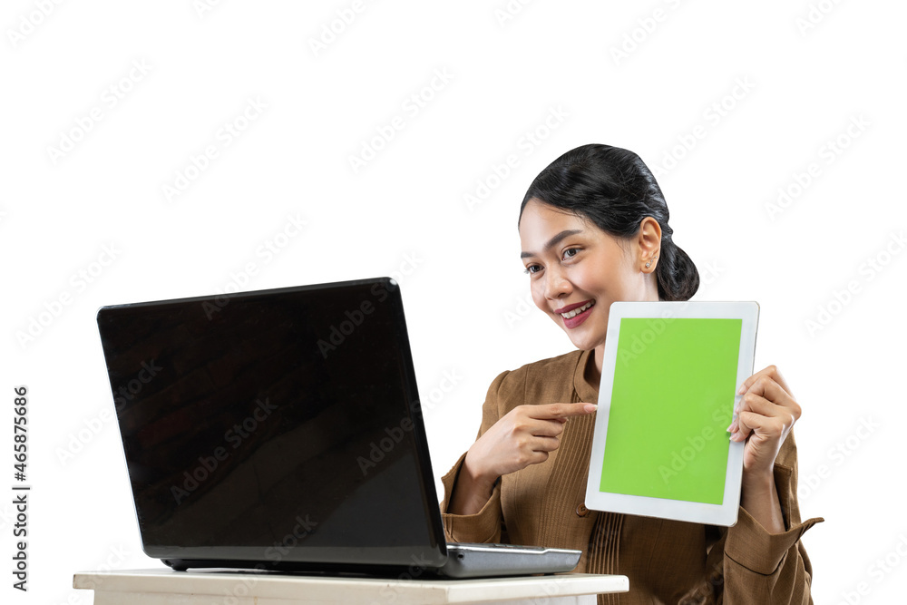 Smiling woman in civil servant uniform using laptop to work Smiling woman in civil servant uniform using laptop to work