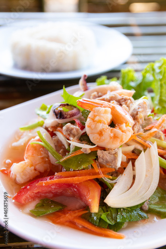 Spicy glass noodles with seafood salad, Thai food