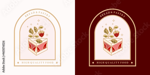 Hand drawn vintage cake, pastry and bakery elements with strawberry fruit and floral leaf illustration for food logo, emblem, cafe icon, brand, sticker or product decoration