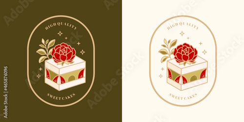 Set of hand drawn vintage cake, pastry and bakery elements with strawberry, rose flower, green tea, and floral illustrations for food logo, emblem, icon, brand, sticker or product decoration