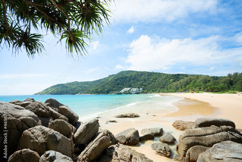 Obraz premium beach with palm trees.turquoise sea water bright cloudy blue sky