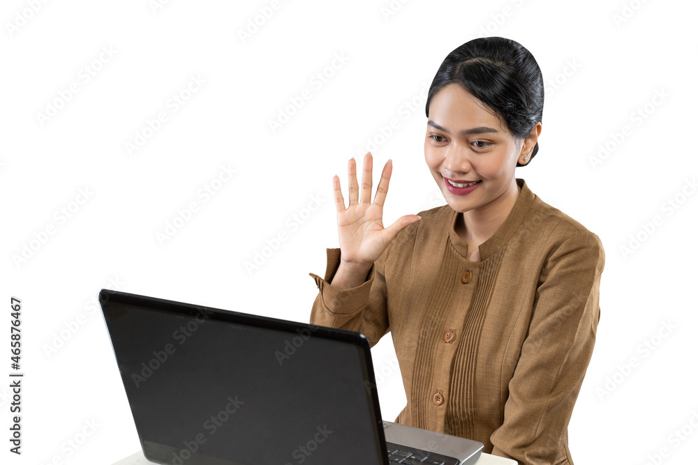 Smiling woman in civil servant uniform using laptop to work Smiling woman in civil servant uniform using laptop to work