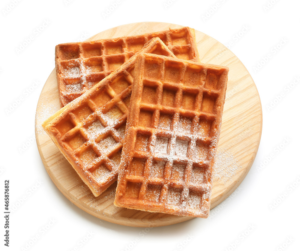 Board with yummy Belgian waffles on white background Board with yummy Belgian waffles on white background