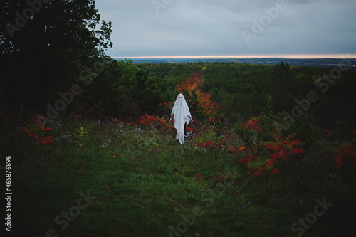Halloween-themed image depicting a ghost in the woods. 