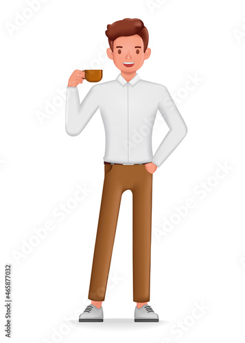 Businessman standing and drinking coffee, office worker having break character design. 3d vector illustration. photo