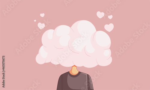 In Love Woman with Head in the Clouds Vector Cartoon Illustration