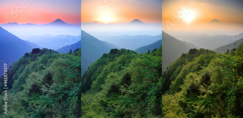 富士山の黎明と朝焼けと朝日, 安倍峠,身延町,山梨県