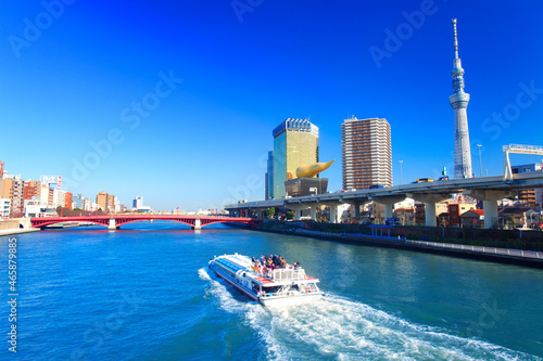 吾妻橋と東京スカイツリーと水上バス, 墨田区,東京都