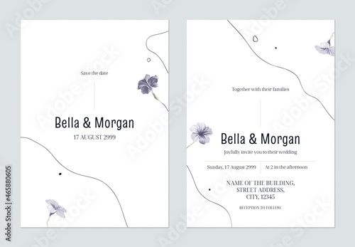 Minimalist floral wedding invitation card template, ruellia tuberosa flowers and line on white photo