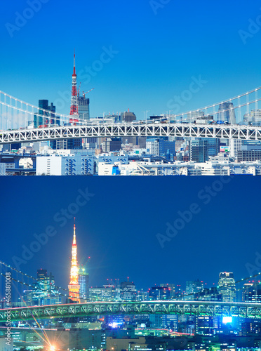 レインボーブリッジと東京タワーの昼と夜, 港区,東京都