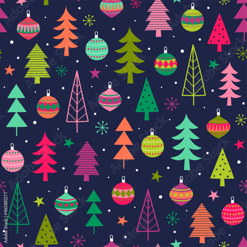 Colorful christmas trees and balls seamless pattern background.